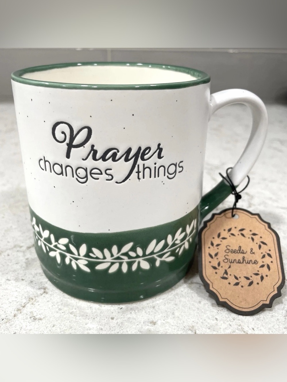 NWT Seeds & Sunshine PRAYER CHANGES THINGS Faith Green White Floral Coffee Mug